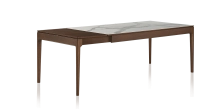 Table extensible 6 à 10 personnes en chêne et céramique allonges bois avec bois teinte marron foncé et plateau céramique effet marbre blanc 140x90 cm