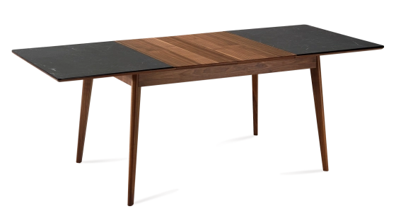Table extensible 8 à 12 personnes en noyer et céramique allonges bois avec bois teinte naturelle et plateau céramique effet ardoise 180x100 cm