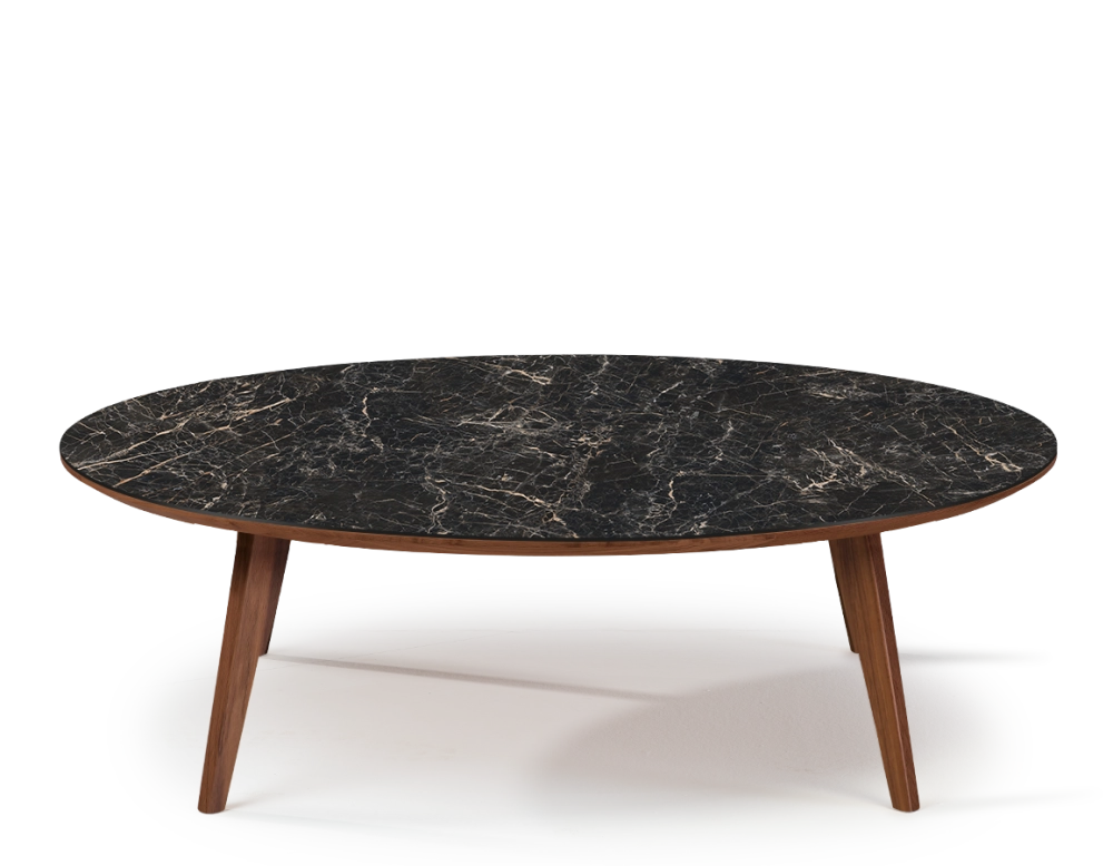 Round walnut and ceramic F1 coffee table natural wood finish tray with black marble-effect ceramic m2. 120x120x30 cm