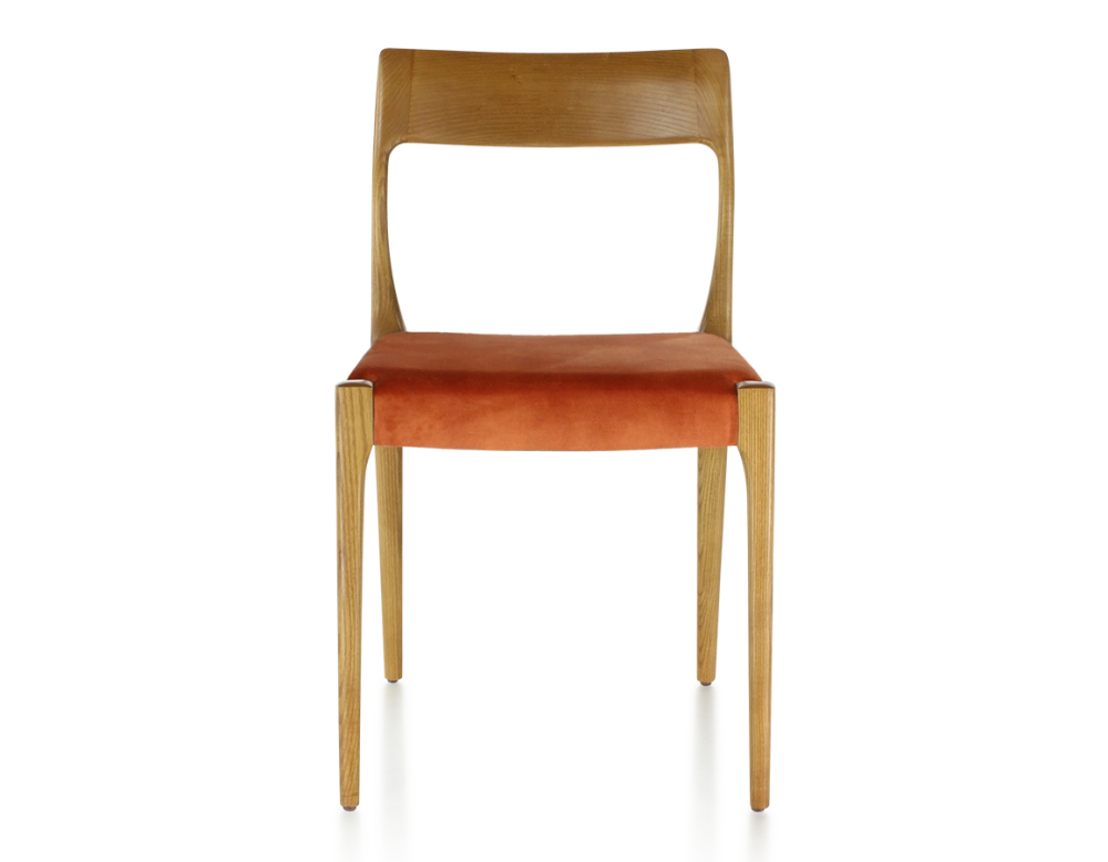 Chaise scandinave bois teinte merisier assise tissu velours terracotta
