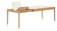 Table extensible en chêne et céramique 6 à 10 personnes allonges céramique avec bois teinte naturelle et plateau et allonges céramique effet marbre blanc 140x90 cm