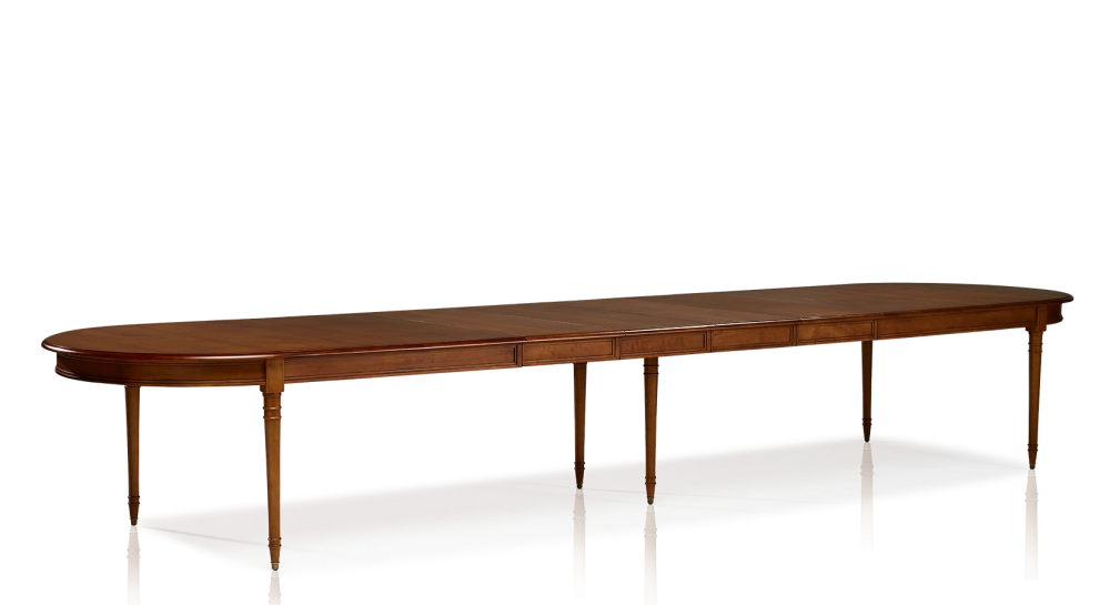 Table ronde Louis XVI extensible 4 à 14 personnes bois teinte ancienne avec 5 allonges 110x120cm
