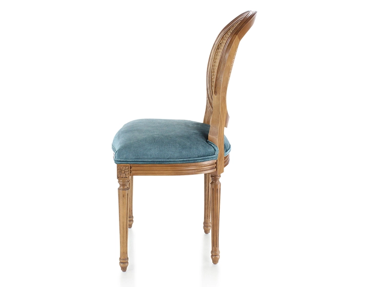 Chaise ancienne style Louis XVI bois teinte ancienne dossier canné assise tissu velours bleu pétrole
