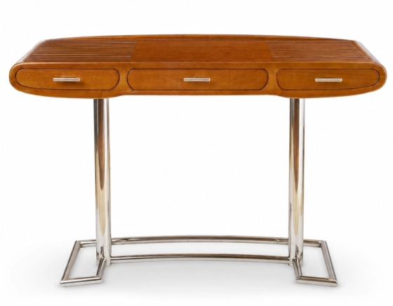 Bureau art déco 3 tiroirs métal et bois teinte merisier