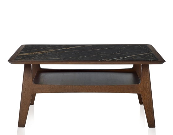 Table basse carrée en chêne et céramique avec bois teinte marron foncé plateau céramique effet marbre noir 100x100 cm