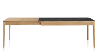 Table extensible 6 à 10 personnes en chêne et céramique allonges bois avec bois teinte naturelle et plateau céramique effet marbre noir 140x90 cm