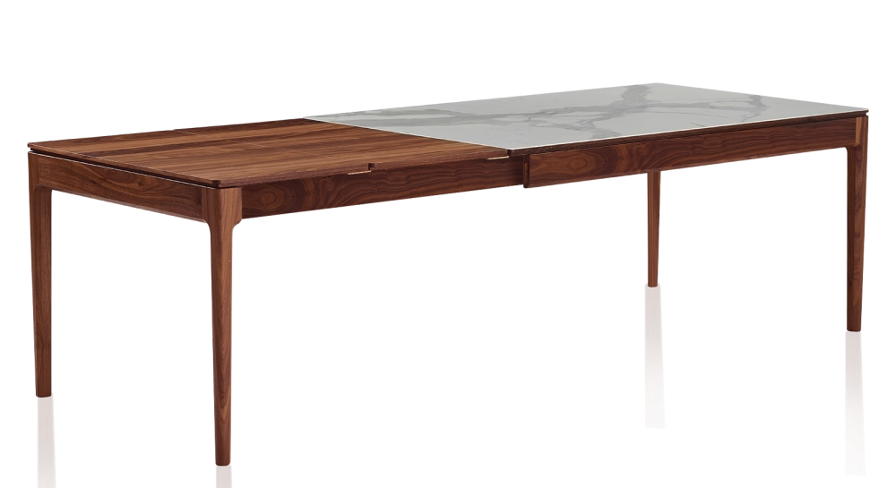 Table extensible 8 à 12 personnes en noyer et céramique allonges bois avec bois teinte naturelle et plateau céramique effet marbre blanc 210x100 cm