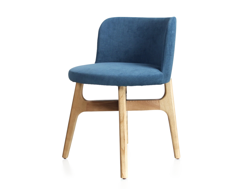 Designer chair natural tint wood, denim blue fabric seat