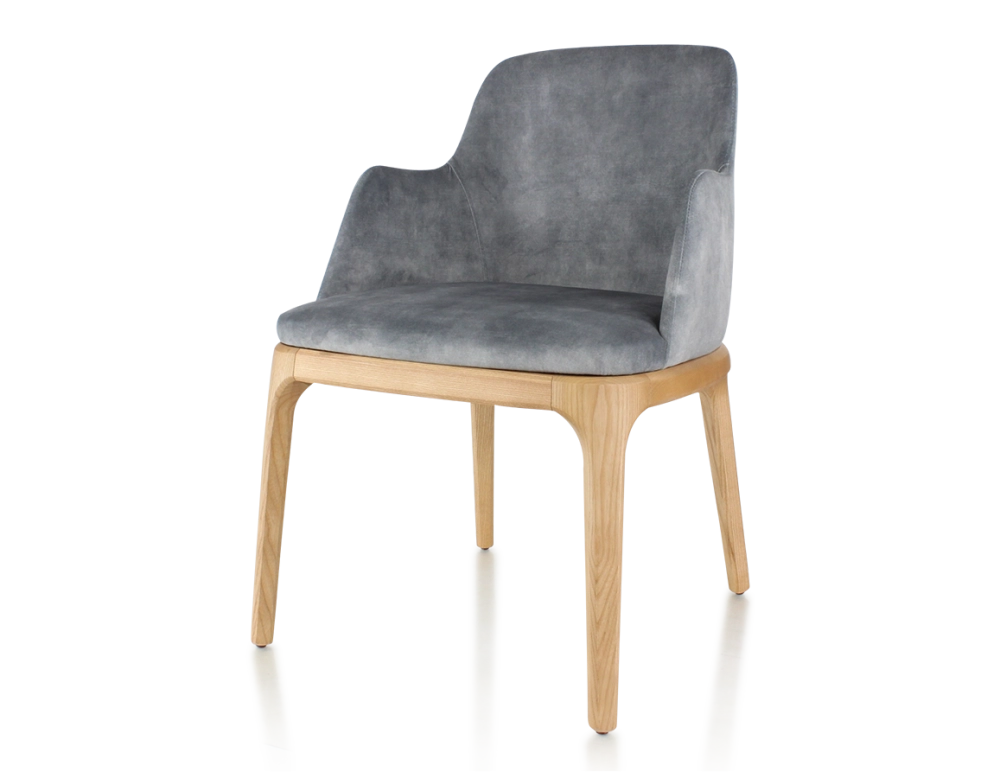Chaise design avec accoudoirs bois teinte naturelle et tissu velours gris