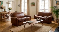 Canapé club cuir 2 places marron vintage accoudoirs passepoil