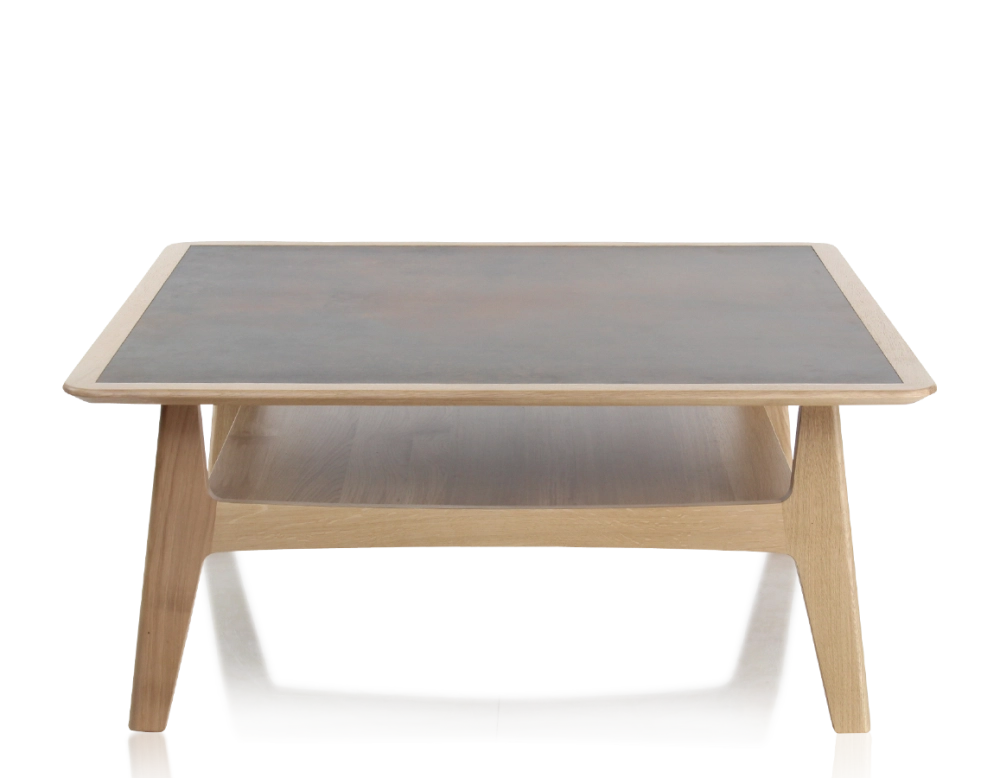 Table basse carrée en chêne et céramique avec bois teinte naturelle plateau céramique brun oxydé 100x100 cm