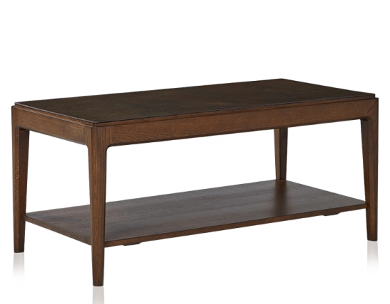 Table basse rectangulaire en chêne et céramique avec tablette en bois teinte marron foncé plateau céramique brun oxydé 100x50 cm
