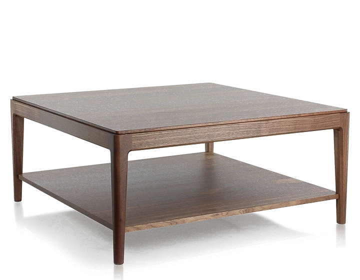 Table basse carrée en noyer avec tablette teinte naturelle 100x100 cm