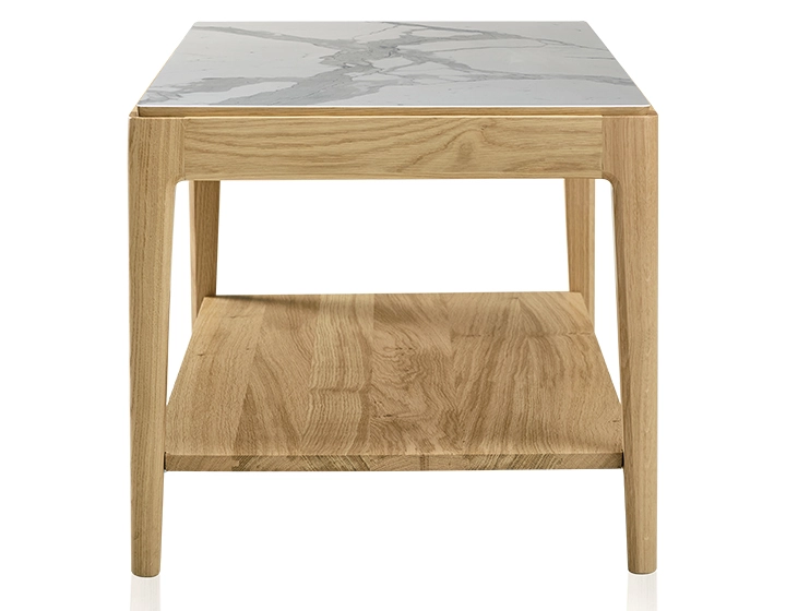 Table basse rectangulaire en chêne et céramique avec tablette en bois teinte naturelle plateau céramique effet marbre blanc 100x50 cm