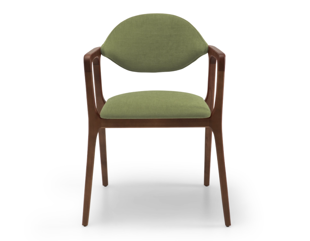 Chaise design avec accoudoirs bois teinte marron foncé et tissu vert