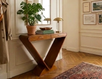 Console art déco double tiroirs bois teinte merisier