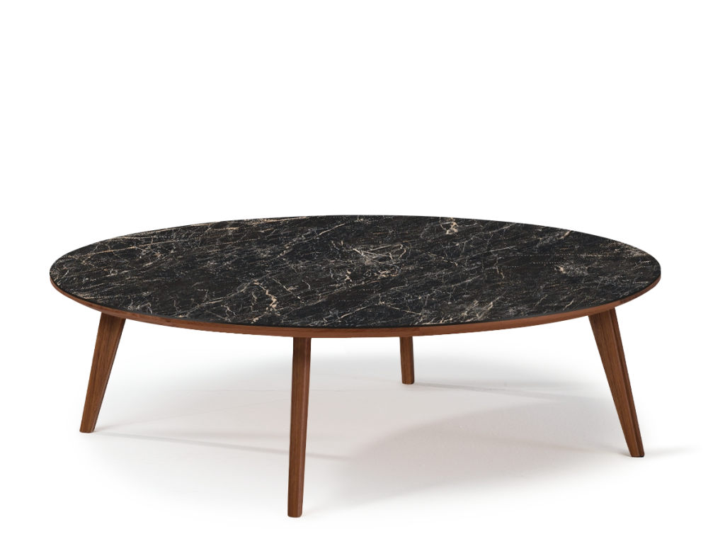 Table basse ronde F1 en noyer et céramique bois teinte naturelle plateau céramique effet marbre noir 100x100x30 cm