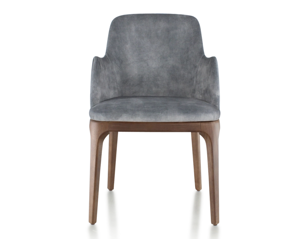Designer chair with armrests dark brown stained wood and grey velvet fabric