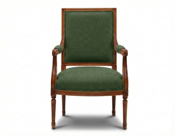 Fauteuil ancien style Louis XVI bois teinte ancienne et tissu vert foncé