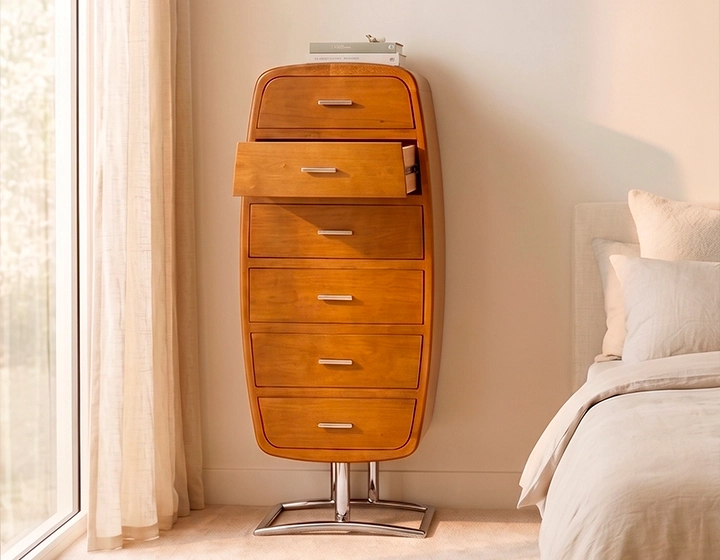 Cómoda art déco métal et bois teinte merisier