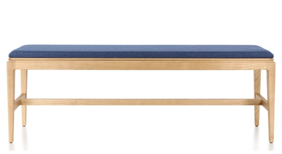Banc design bois teinte naturelle assise tissu bleu marine L140 cm