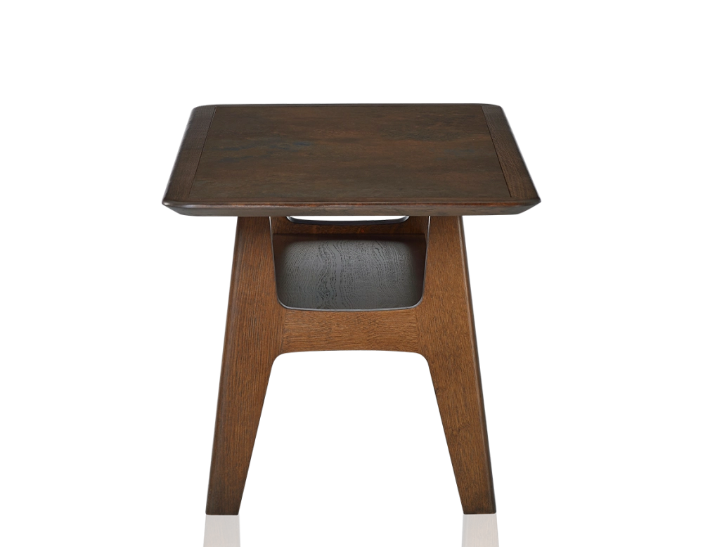 Table basse rectangulaire en chêne et céramique avec bois teinte marron foncé plateau céramique brun oxydé 100x50 cm