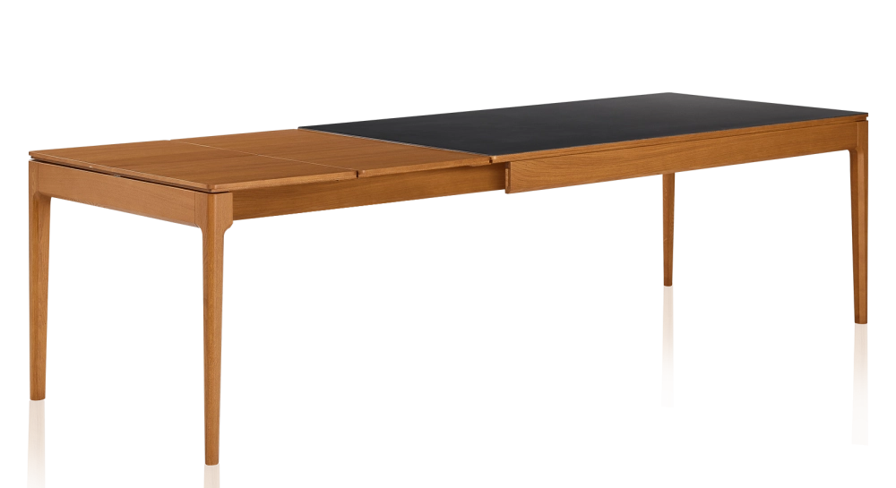 Table extensible 6 à 10 personnes en chêne et céramique allonges bois avec bois teinte merisier et plateau céramique noir unie 140x90 cm