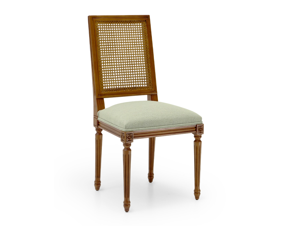 Louis XVI style antique chair cane back chair with sage green fabric seat