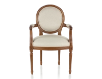 Antique Louis XVI style armchair with armrests wood stained in antique style and beige chevron fabric