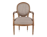 Fauteuil ancien style Louis XVI bois teinte ancienne et tissu chiné beige, gris et orange