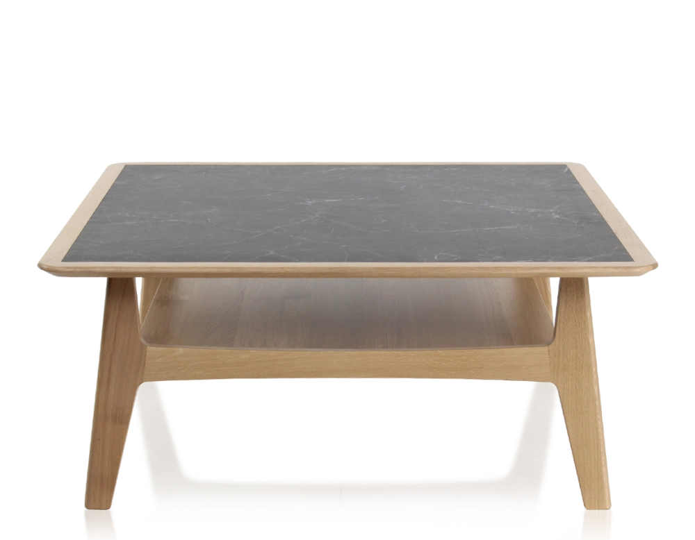 Table basse carrée en chêne et céramique avec bois teinte naturelle plateau céramique effet ardoise 100x100 cm