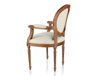 Antique Louis XVI style armchair with armrests wood stained in antique style and beige chevron fabric