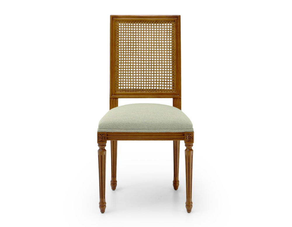 Louis XVI style antique chair cane back chair with sage green fabric seat