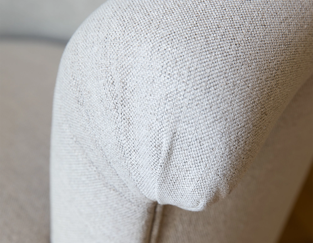 Toad armchair with armrests walnut-stained wooden legs and high-backed natural beige fabric