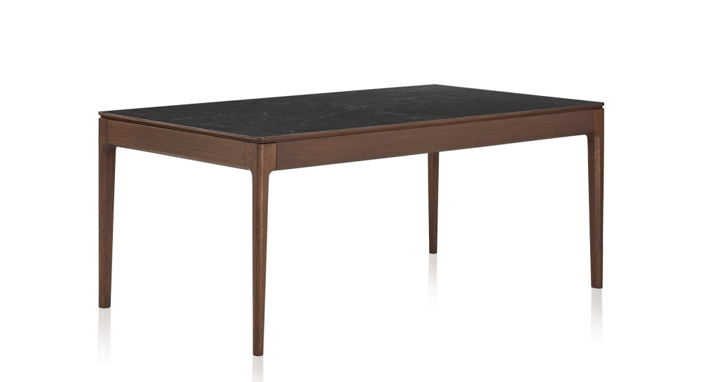 Table salle à manger en chêne et céramique 8 personnes avec bois teinte marron foncé et plateau céramique effet ardoise 210x100 cm