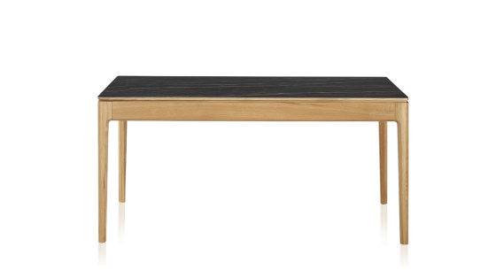 Table salle à manger 6 personnes en chêne et céramique avec bois teinte naturelle et plateau céramique effet marbre noir 140x90 cm