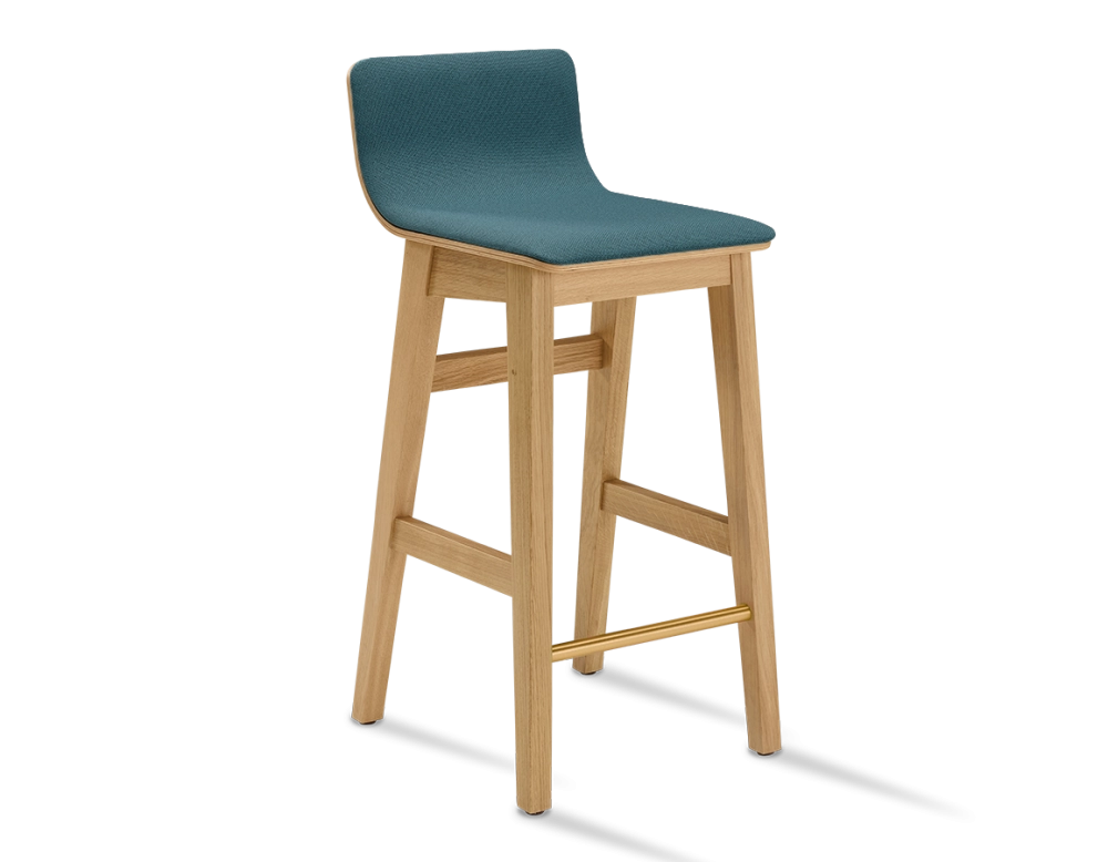 Tabouret de bar en chêne H60 cm bois teinte naturelle assise tissu bleu océan