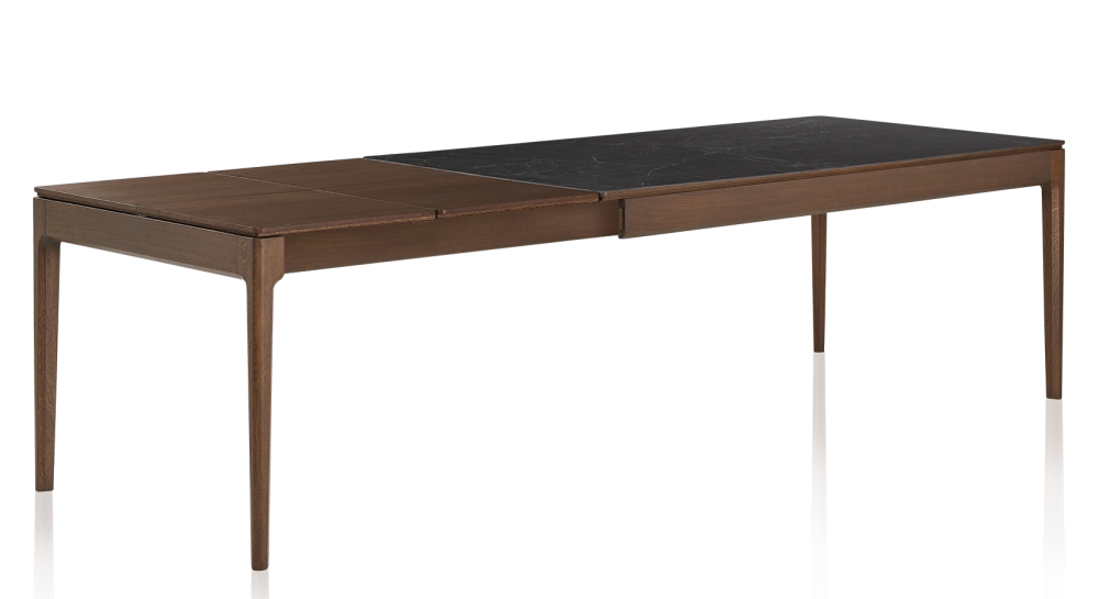 Table extensible 8 à 12 personnes en chêne et céramique allonges bois avec bois teinte marron foncé et plateau céramique effet ardoise 210x100 cm