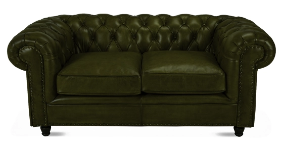 Canapé Chesterfield cuir 2 places vert olive accoudoirs cloutés
