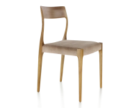 Chaise scandinave bois teinte merisier assise tissu velours taupe clair