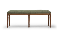 Louis XVI style antique bench wood antique stain and green mottled fabric.
