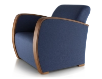 Fauteuil design bois teinte merisier et tissu bleu marine