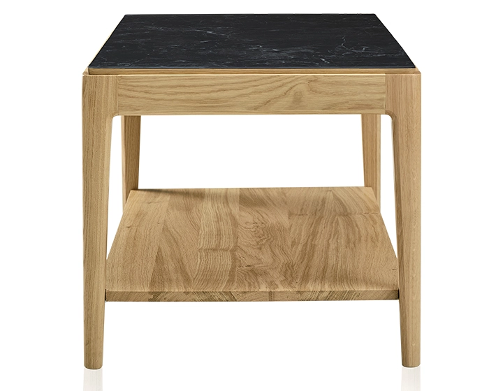 Table basse rectangulaire en chêne et céramique avec tablette en bois teinte naturelle plateau céramique effet ardoise 100x50 cm