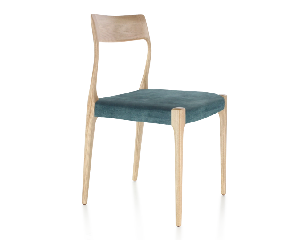 Chaise scandinave bois teinte naturelle assise tissu velours bleu pétrole