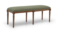 Louis XVI style antique bench wood antique stain and green mottled fabric.
