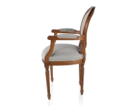 Antique Louis XVI style armchair with armrests wood stained in an antique style and light grey fabric
