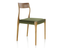 Chaise scandinave bois teinte merisier assise tissu vert olive
