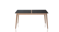 Extendable table for 8 to 14 people in oak and ceramic with wooden extensions with natural wood stain and slate effect ceramic top 210x100 cm