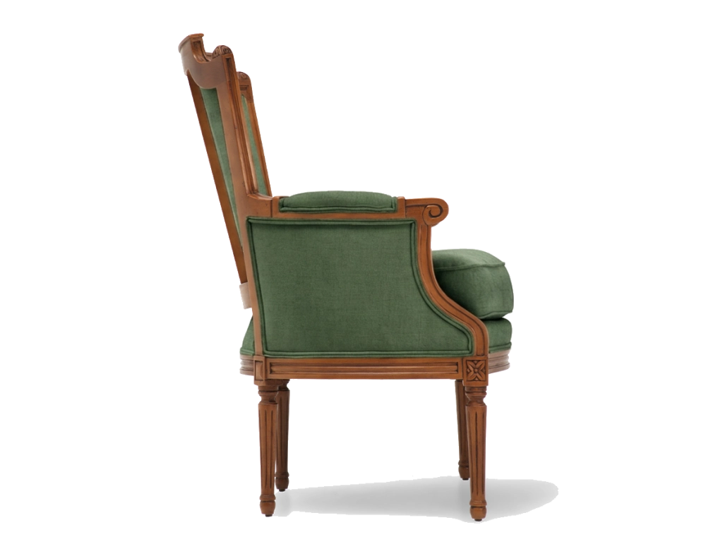 Louis XVI style bergère armchair bois teinte ancienne et tissu vert foncé