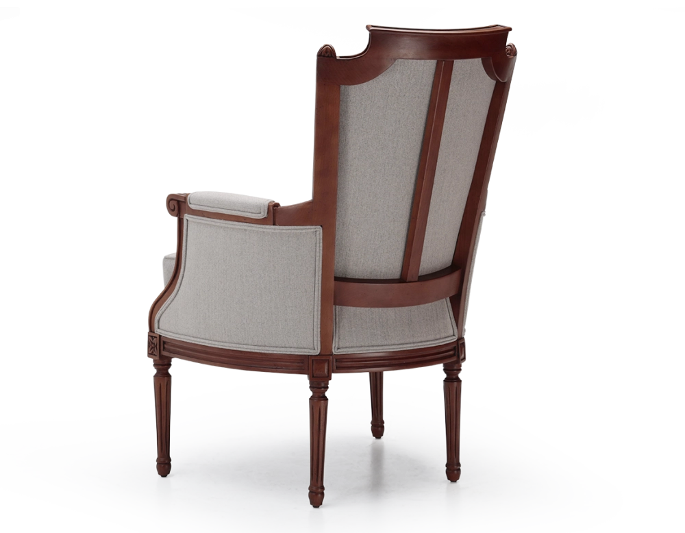 Fauteuil bergère style Louis XVI bois teinte ancienne et tissu beige naturel